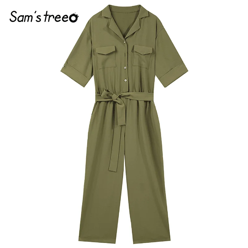 Sams Tree, женские комбинезоны, комбинезон с поясом, одноцветные зеленые пуговицы, боди, женские летние комбинезоны, женские комбинезоны размера плюс