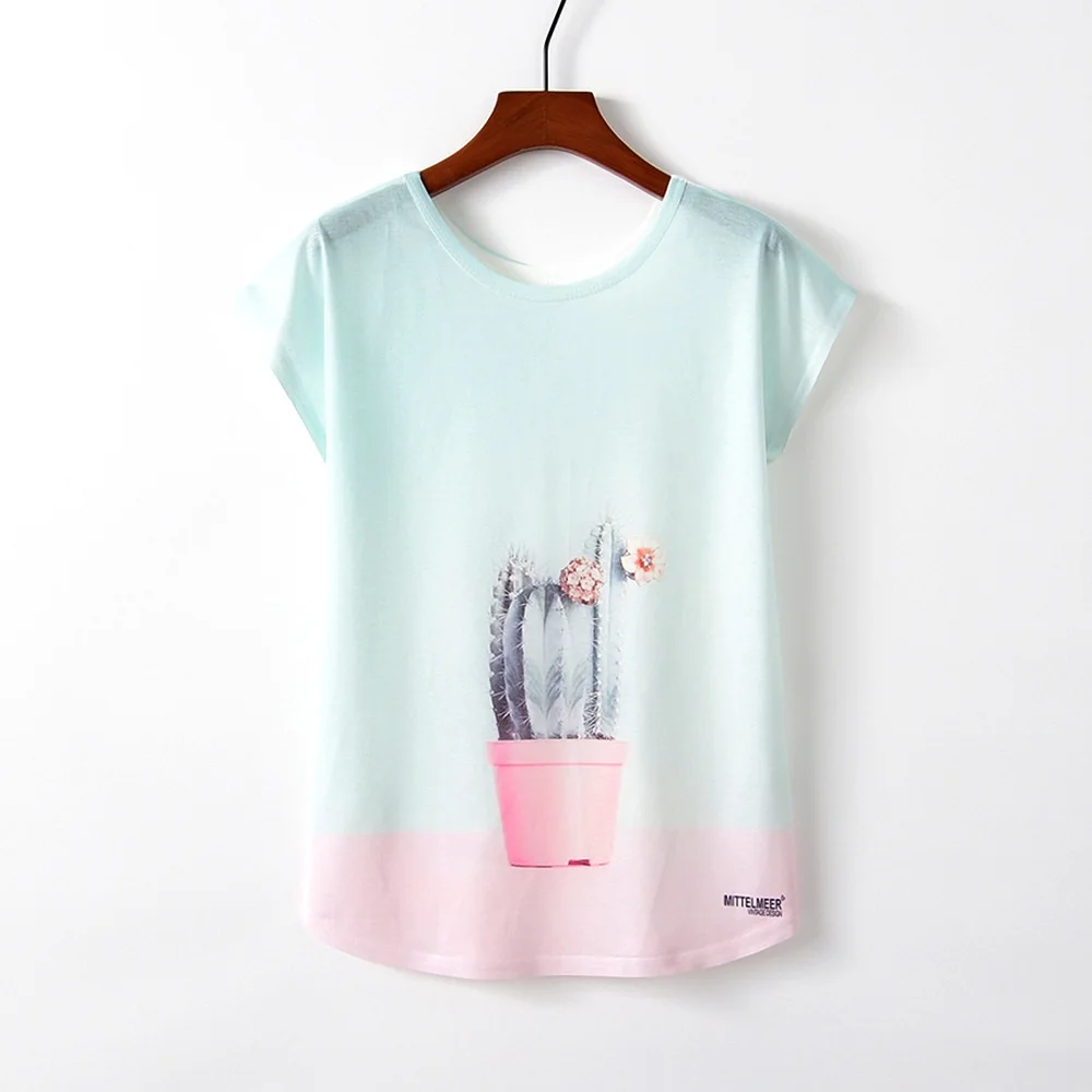M012 Pink Cactus Летние женские футболки, новинка, Harajuku Kawaii, милый стиль, панда, единорог, буквенный принт, свободная футболка, повседневные топы с коротким рукавом, футболки - Цвет: M012 Pink Cactus