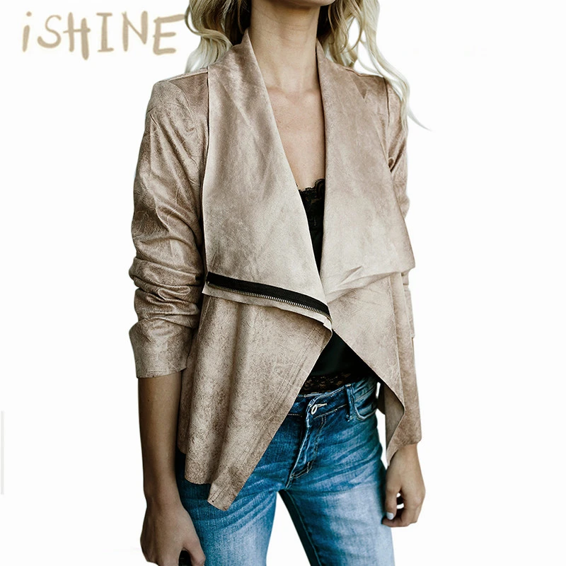 Women Zipper Basic Suede Jacket Coat Lapel Long Sleeve Casual Leather Outwear Short Winter Tops | Женская одежда