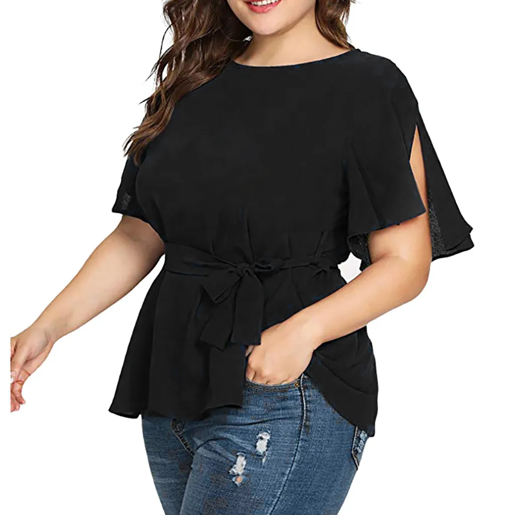 

KLV Plus Size Summer Fashion Bow Casual Ladies Loose Solid Tee Tops Female Women Short Sleeve Shirt Pullover 6.12
