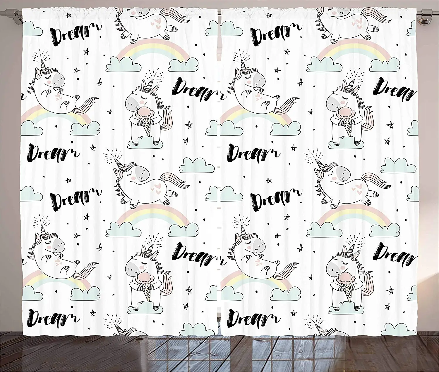 Unicorn Party Curtains Cute Horse with Horn Flying Among The Clouds Hand Lettering Dream Quote Living Room Bedroom Window | Дом и сад