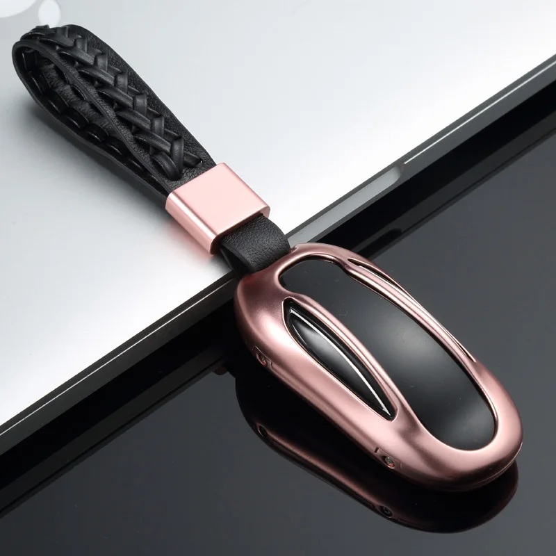 Rose Gold Weave Для Tesla модель X Чехол для дистанционного ключа чехол для ключа держатель сумка для автомобилей алюминиевый сплав+ кожаное кольцо для ключей автомобильные аксессуары - Название цвета: Rose Gold Weave