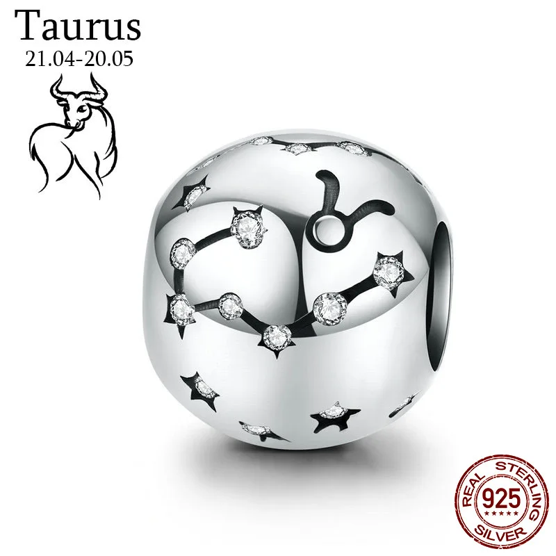 Taurus-2 Натуральная 925 пробы серебро 12 созвездия зодиака круглые бусины, подходят к оригиналу Pandora, браслет, ювелирные изделия с бриллиантами - Цвет: Taurus-2