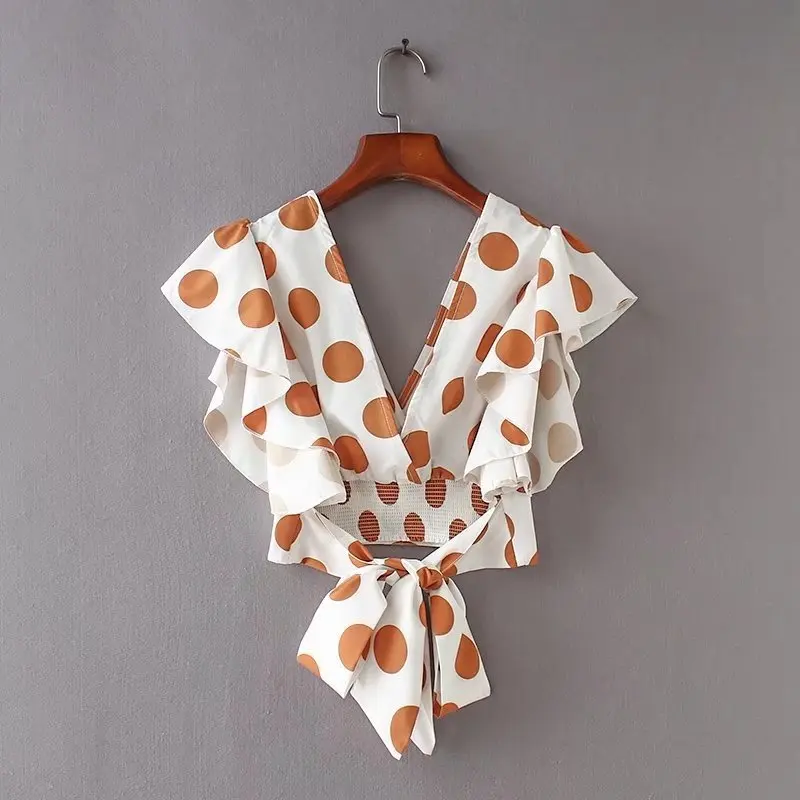 Женский короткий топ в горошек boho с бантом и рукавом-фонариком открытой спинкой