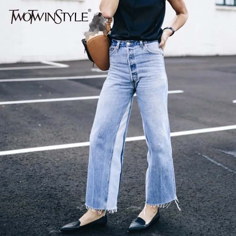 TWOTWINSTYLE лоскутные джинсы женские Высокая талия карман винтажные длинные