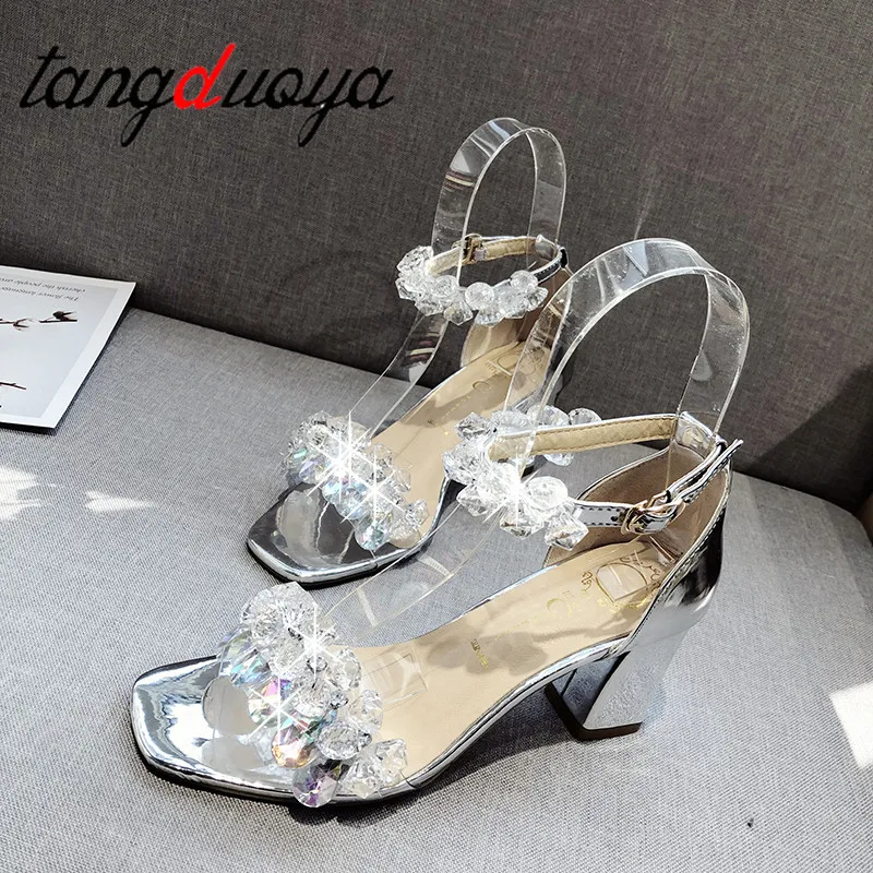 

crystal sandals with low heels Women Sandals 2022 Summer Shoes Women Open Toe Crystal Chunky Sandals heels women gold sliver