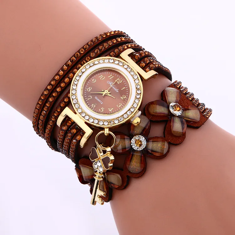 W1575 brown Бренд minhin роскошные золотые Хрустальные Стразы Часы-браслет для женщин Повседневное платье бархатный ремешок часы цветок кварцевые наручные часы - Цвет: W1575 brown