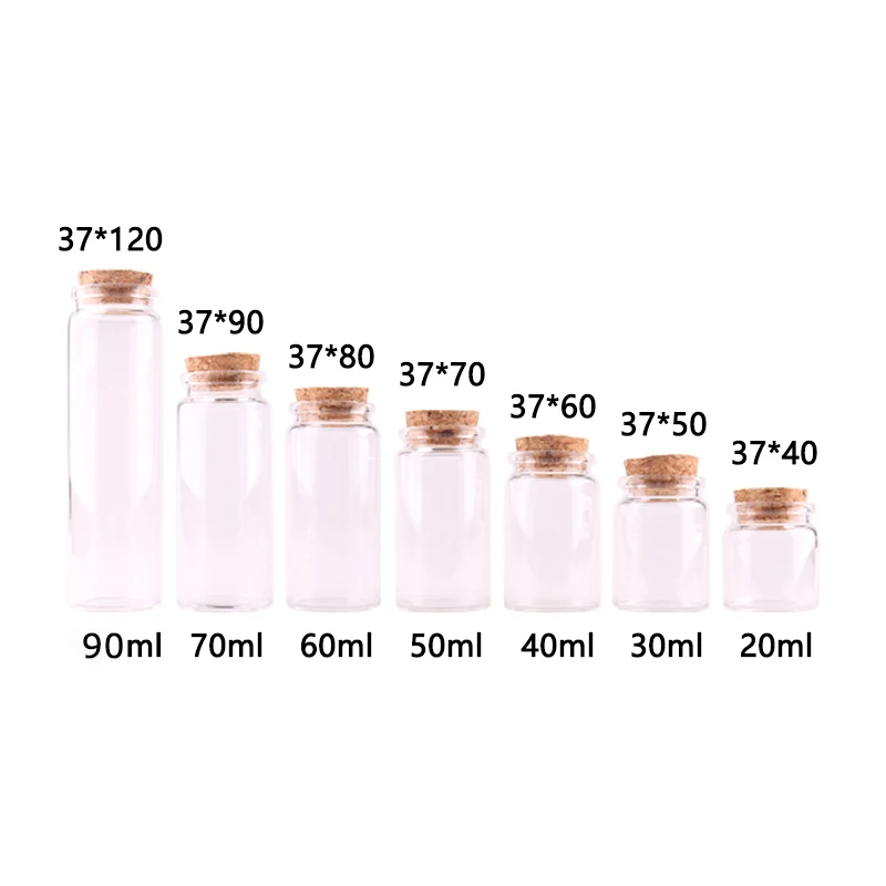 

24pcs Dia 37mm 20ml/30ml/40ml/50ml/60ml/90ml Transparent Glass Spice Wishing Bottles Jars with Cork Stopper Wedding Favour Gift