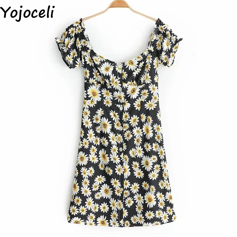 Милое платье с открытыми плечами и цветочным принтом на пуговицах женские летние