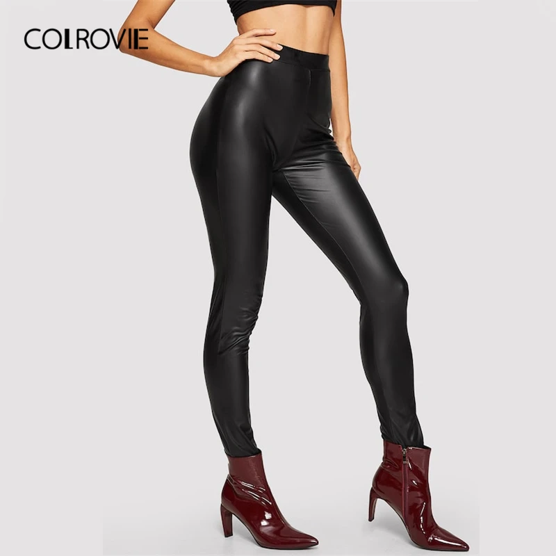COLROVIE, черные однотонные кожаные обтягивающие повседневные леггинсы с эластичной талией, женские весенние модные зауженные брюки, женские корейские брюки