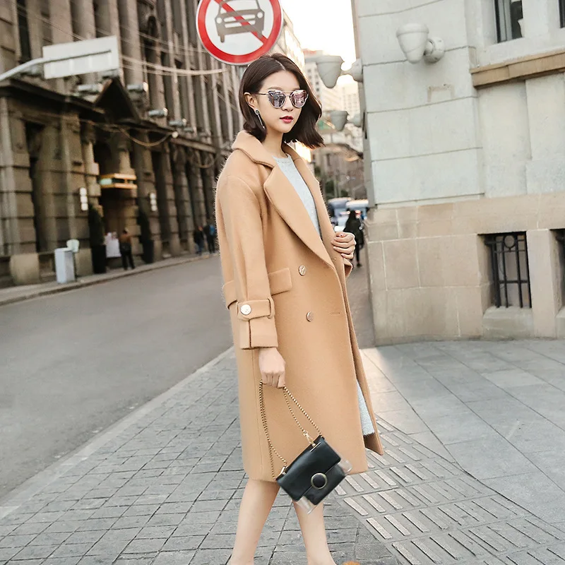 Office Lady Slim Women Long Wool Blend Coat Double Breasted Cashmere Jacket Turn-down Collar Ladies Coats | Женская одежда