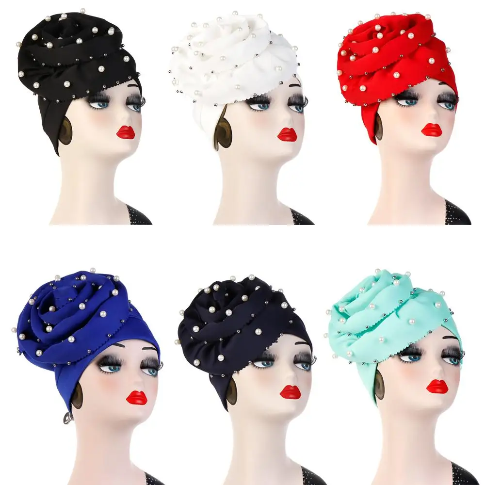 

12PC Women Stretchy Beanies with Big Flower Pearl Beading Hair Loss Cap African Turban Head Wrap Wedding Party Cap Random Color