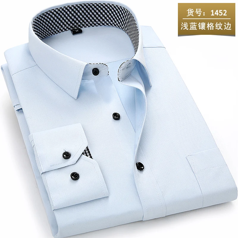 1453twill Light blue Новое поступление, мужская рубашка с длинным рукавом, повседневная однотонная/саржевая Рабочая Рубашка, деловые официальные рубашки, мужская рубашка, большие размеры - Цвет: 1453twill Light blue