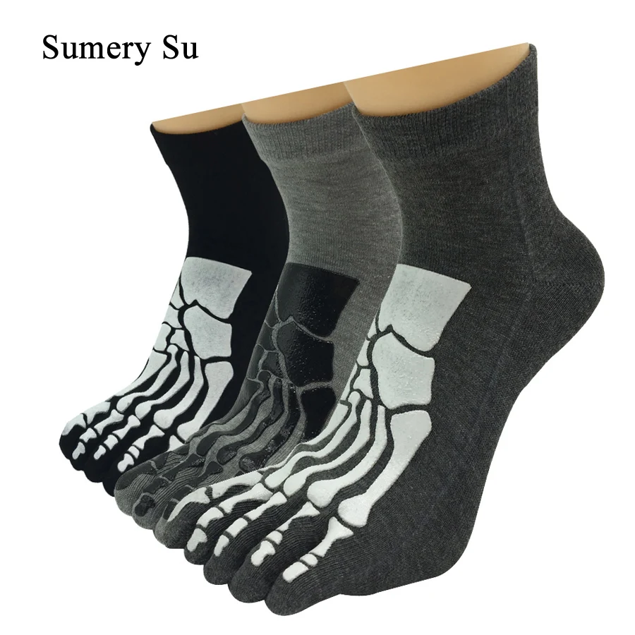 3 Pairs/Lot Five Toe Socks Men Skull Pattern Hand Bone Brand Design Cotton Casual Halloween Skeleton Fun Socks 2 Styles