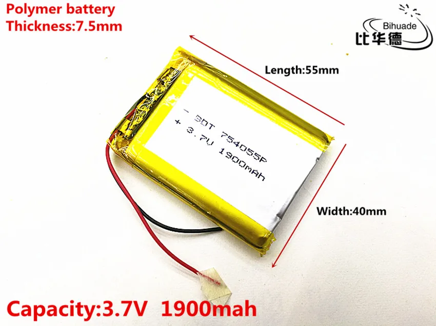 

Хорошее качество, 3,7 в, 1900 мАч, 754055 полимерный литий-ионный/литий-ионный аккумулятор для игрушек, портативного зарядного устройства, GPS,mp3,mp4