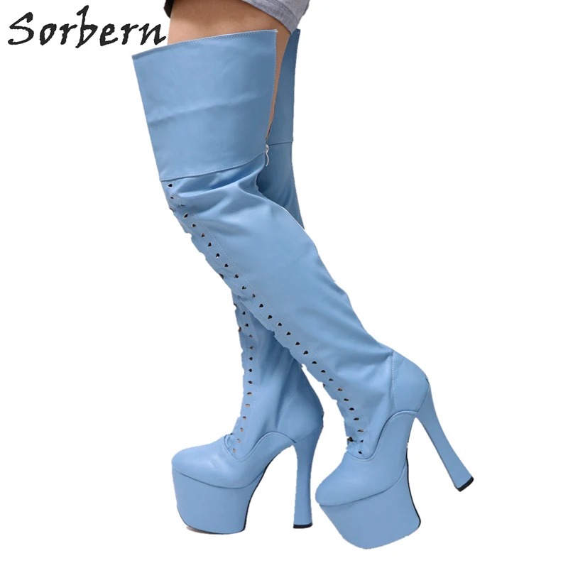 

Sorbern Light Sky Blue Matt Thigh High Boots For Women Chunky Super High Heeled 9Cm Platforms Shoes Women Custom Leg Size Boots