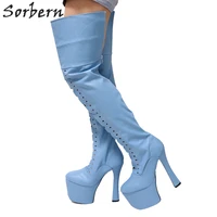 sorbern light sky blue matt thigh high boots for women chunky super high heeled 9cm platforms shoes women custom leg size boots