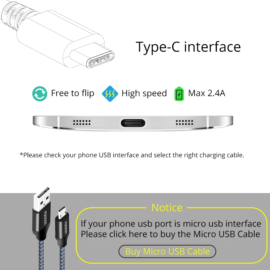 Кабель FONKEN с нейлоновой оплеткой type-C к USB кабель быстрого зарядного устройства 2128AWG 2.4A Быстрая зарядка данных Реверсивный USB C кабель для телефона