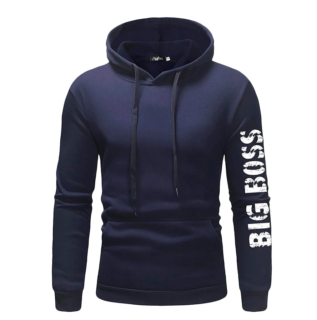 JAYCOSIN men's autumn and winter hooded fleece printing solid color zipper jersey top pants suit sports - Цвет: Navy