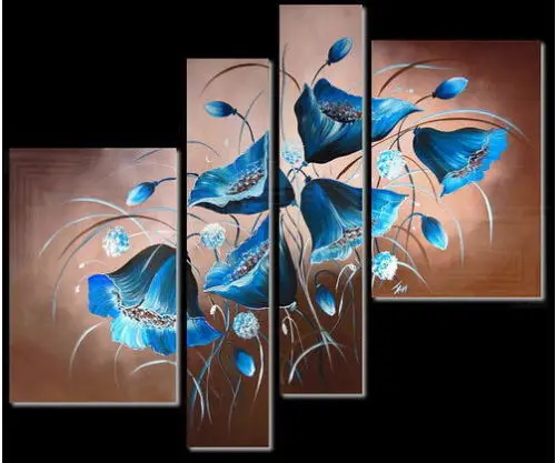

4PC Blue Flowers Modern Abstract Art Oil Painting Wall Decor canvas painting home decoration (No Framed)