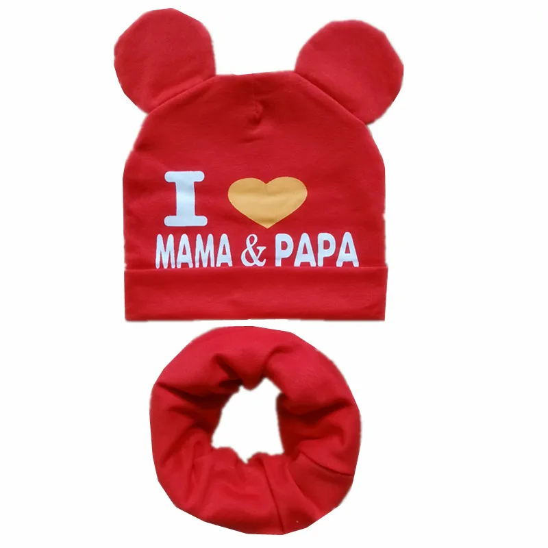 red mama Новая хлопковая детская шляпа, шарф, комплект, детский красивый комплект из шапки с ушками шапки бини шапки высокое качество для маленьких мальчиков и девочек шапки и шарфа комплект Детские шляпы реквизит для фотосессии - Цвет: red mama