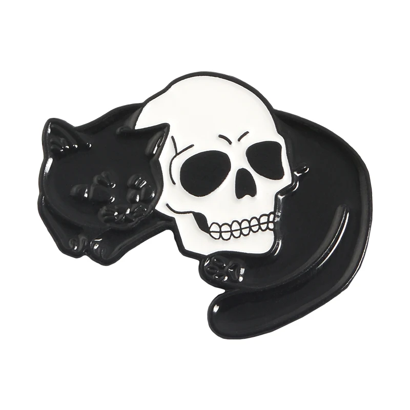 Cat and skull-black Qihe ювелирные изделия с рисунком кота и штыри черепа Инь Броши ведьма черная кошка белый череп голова Hug темно для привлекательных аксессуары эмаль на булавке - Окраска металла: Cat and skull-black