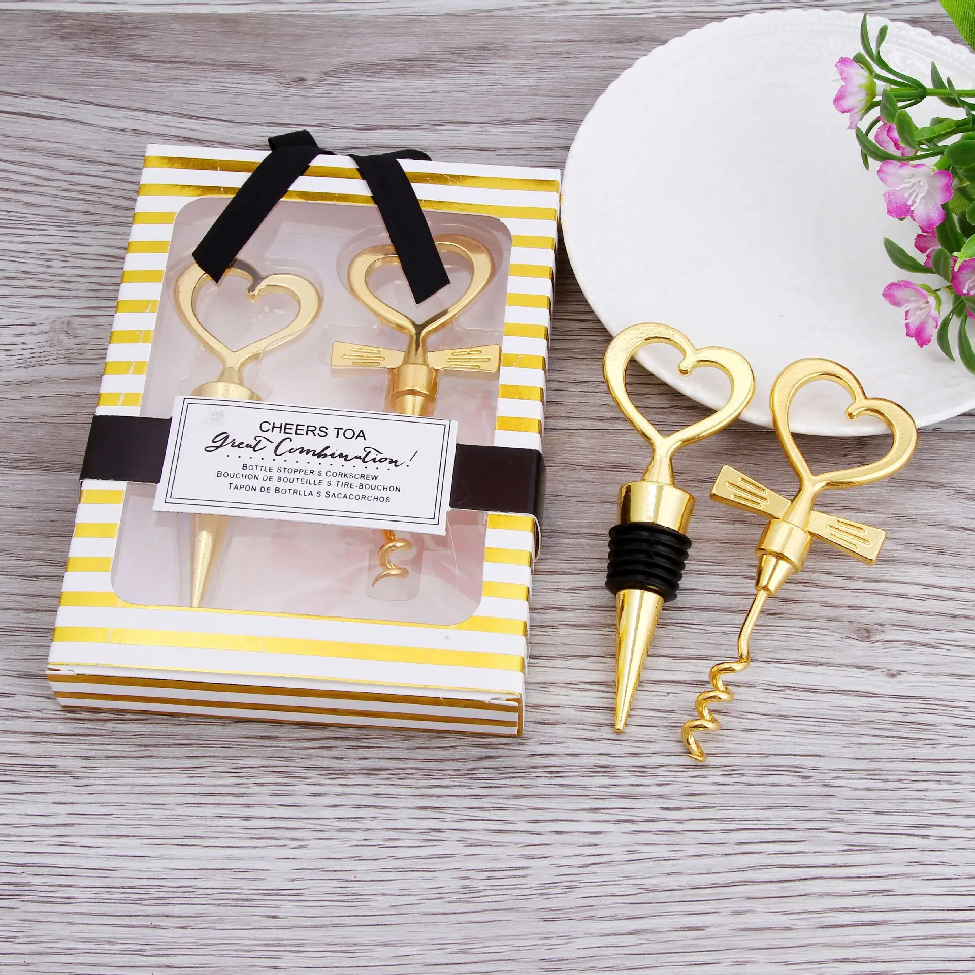 50sets=100pcs Gold Cheers To A Great Combo Wine Bottle Opener Stopper Corkscrew Set a Pair Heart Shape Wedding Favors Gift | Дом и сад