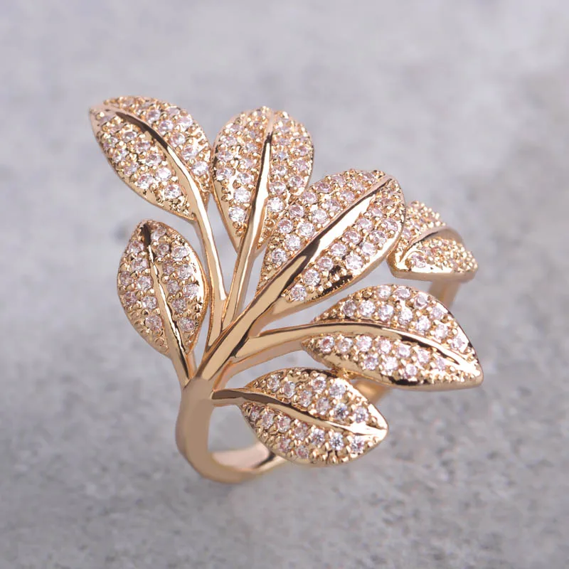 Индия Дубай Листья Сверкающих Циркон Кольца Перста Женщины Большой Широкий Aros