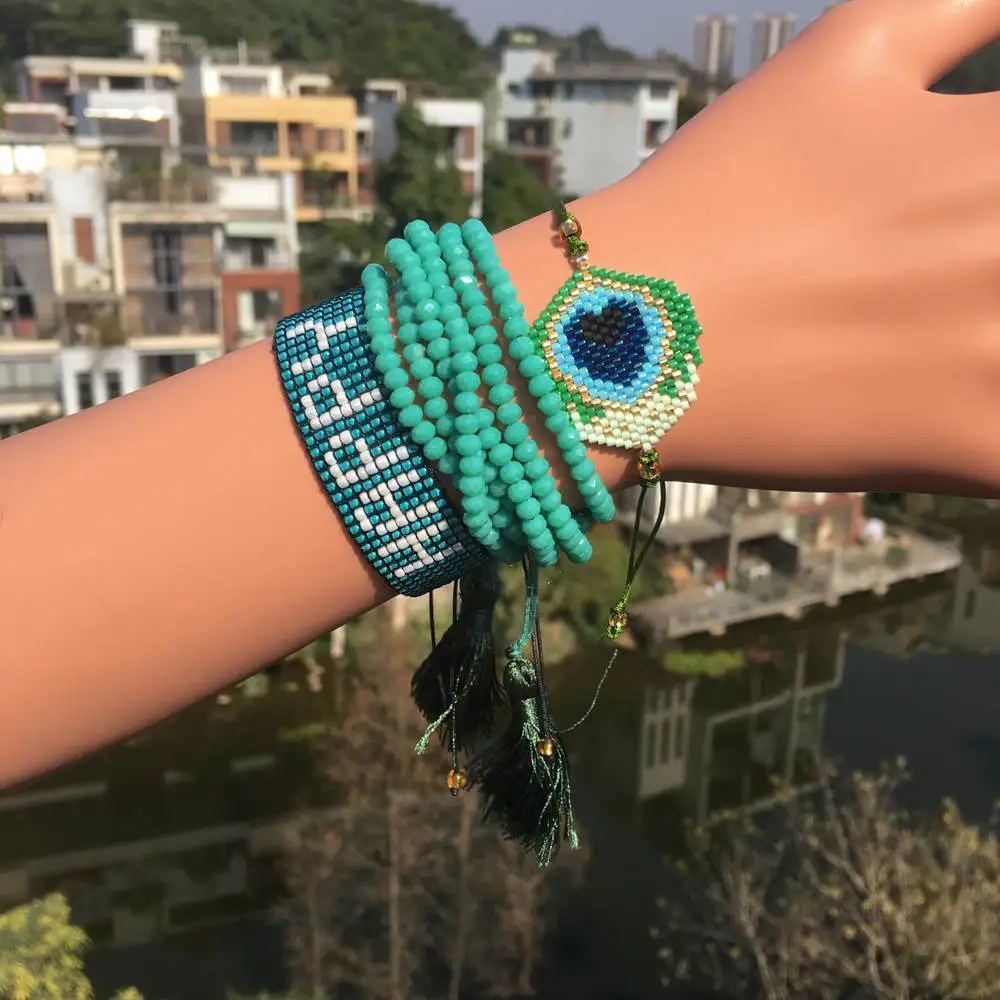 Go2boho MIYUKI сглаза браслет Павлин перо браслет ювелирные изделия счастливые браслеты наборы зеленый кристалл для женщин кисточкой Handmad - Окраска металла: MI-S180091 MIYUKI