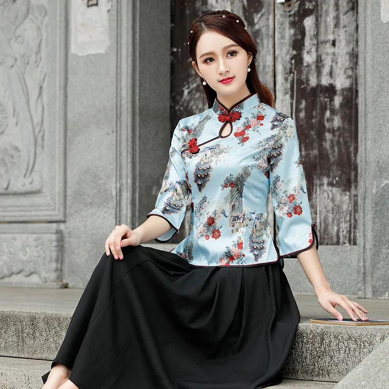 Весенняя и Летняя шелковая блуза Cheongsam, улучшенный винтажный традиционный костюм Tang, топы, женская Китайская одежда