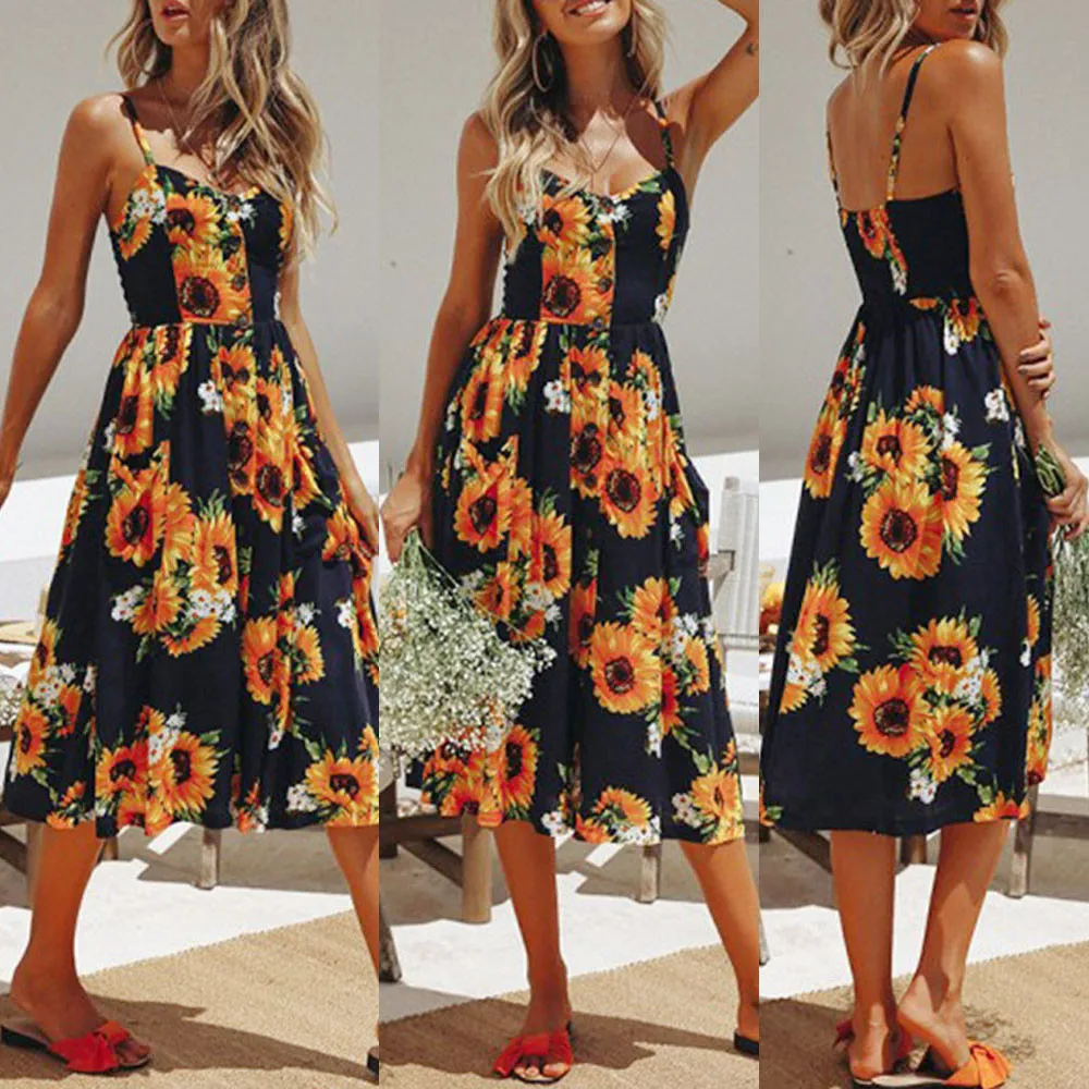 Женское платье без рукавов с открытыми плечами летнее пляжное принцессы принтом