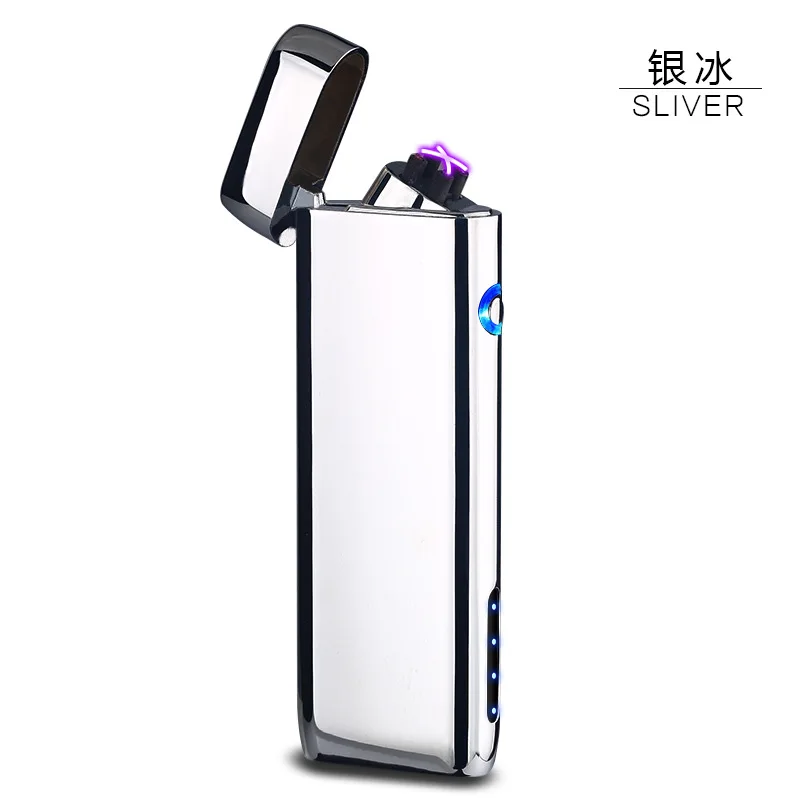 Silver НОВАЯ тонкая Зажигалка для сигарет, электрическая USB двойная дуговая зажигалка, металлическая ветрозащитная электронная перезаряжаемая плазменная Зажигалка для сигар - Цвет: Silver