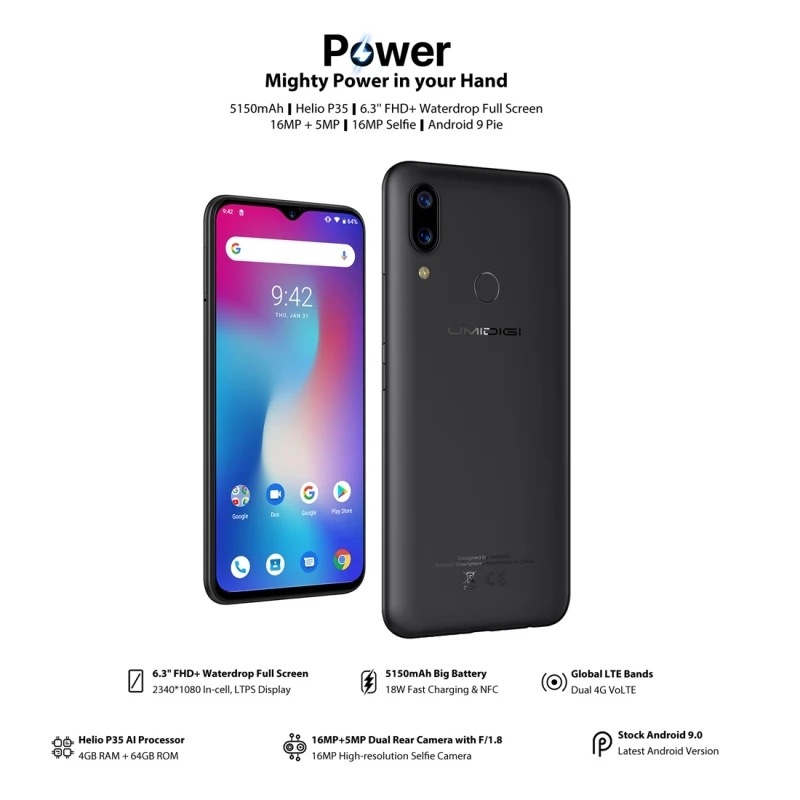 UMIDIGI Power смартфон с 6 3 дюймовым дисплеем ОЗУ 4 Гб ПЗУ 64 ГБ 5150 мАч 16 МП Android 9