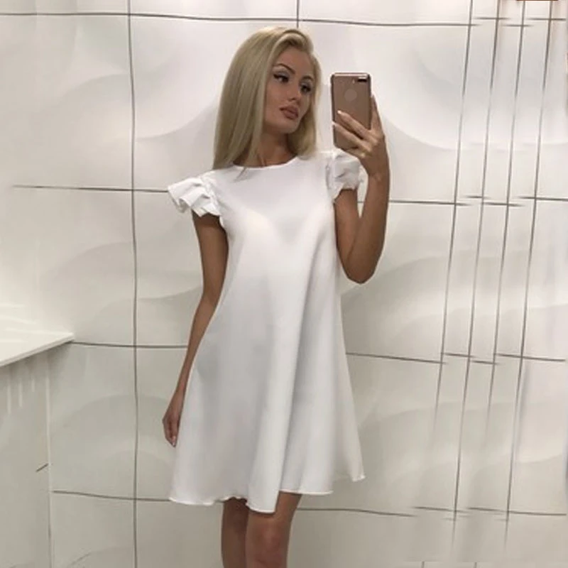 

Wrinkled Ruffled Sleeve Sexy Dress Fashion Straight Three Colors Casual Women Dress Solid Robe Femme Ete 2018 Summer Dress