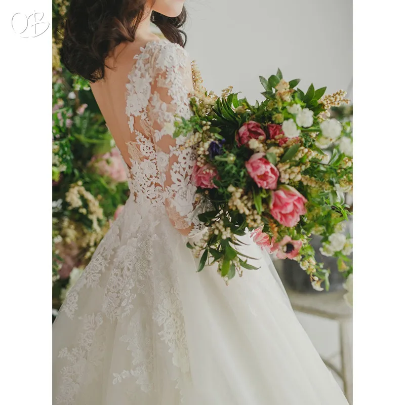 Custom Made A-line Backless Long Sleeve Tulle Lace Appliques Wedding Dresses Formal Simple Bridal Gowns DW10 | Свадьбы и торжества