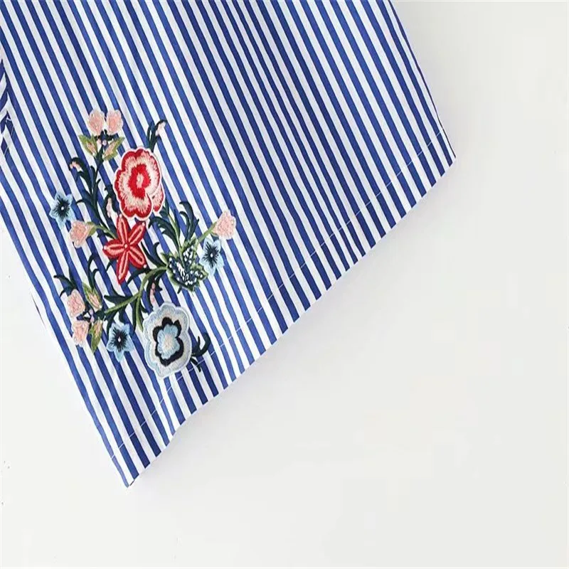 Вышивка в полоску с цветочным рисунком летние топы блузка без рукавов синий