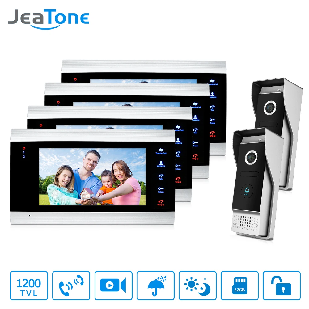 Видеодомофон JeaTone с экраном 7 дюймов 4 цвета монитор и 2 ИК камеры высокого