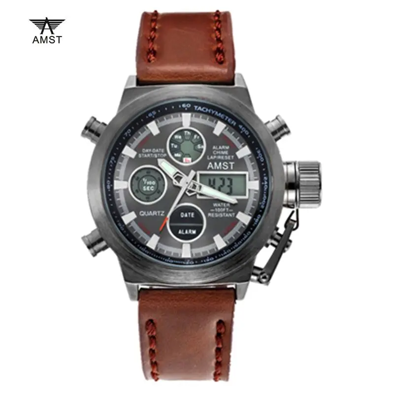 Часы Мужчины Люксовый Бренд AMST Спорт Кварцевые Кожаный Ремешок СВЕТОДИОДНЫЕ