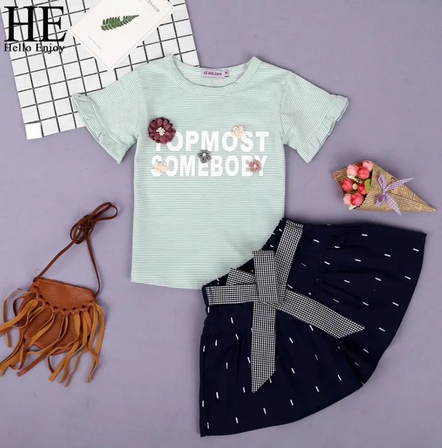 HE Hello Enjoy/комплекты одежды для девочек коллекция года, летняя модная детская одежда детская футболка в полоску с короткими рукавами и надписью+ юбка с бантом, костюмы - Цвет: green