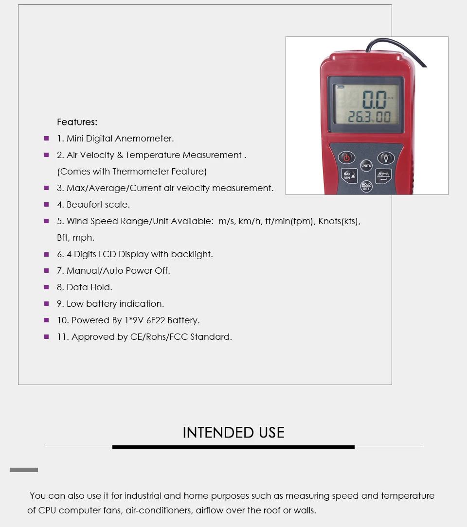 Nicetymeter AM841 Ручной цифровой анемометр измеритель скорости ветра и измерения температуры воздуха с CMM/CFM