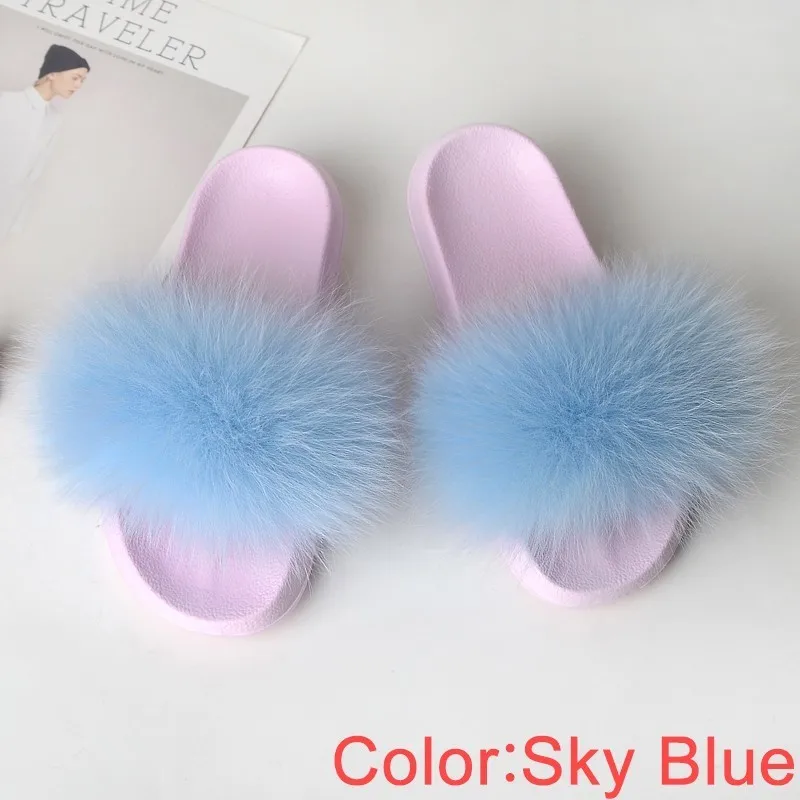 Sky Blue Меховые шлепанцы; женские летние шлепанцы; пушистая домашняя обувь; женские Вьетнамки с мехом; женские сандалии; Роскошная модная меховая обувь розового цвета; коллекция года - Цвет: Sky Blue