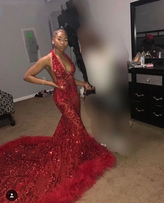 Блестящие Блестки перья красный Русалка Выпускные платья 2019 сексуальные