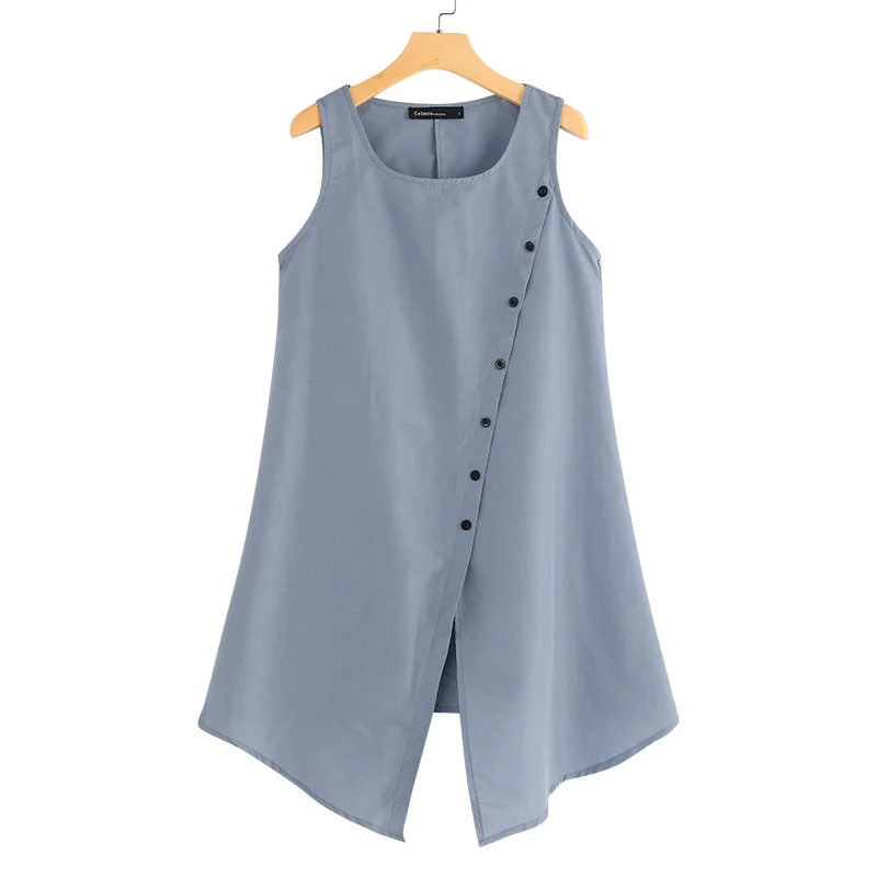 Pale blue Винтажные блузки, женские Асимметричные туники, топы, летние, без рукавов, на пуговицах, повседневные, с разрезом, Длинные рубашки размера плюс, блузки - Цвет: Pale blue
