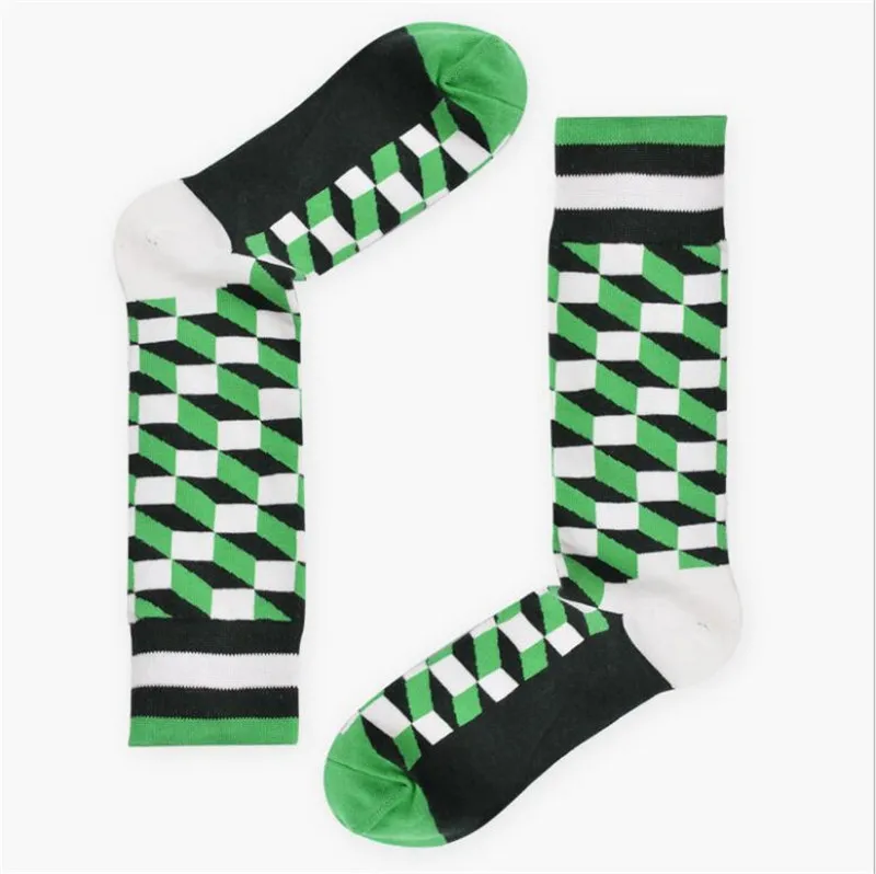 Сумасшедшие FLY Для Мужчин's Happy Socks Полосатый плед алмаз Геометрия Burger французский унисекс хлопок Calcetines Largos Hombre влюбленных подарок