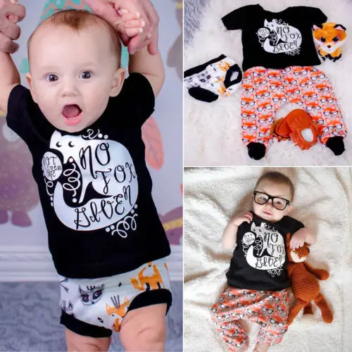 2018 New Newborn Orange Fox 2Pcs Cute Bbay Boys Black Short Sleeve T-shirt Top+Long Pants Toddler Cotton Outfit Clothes Set |