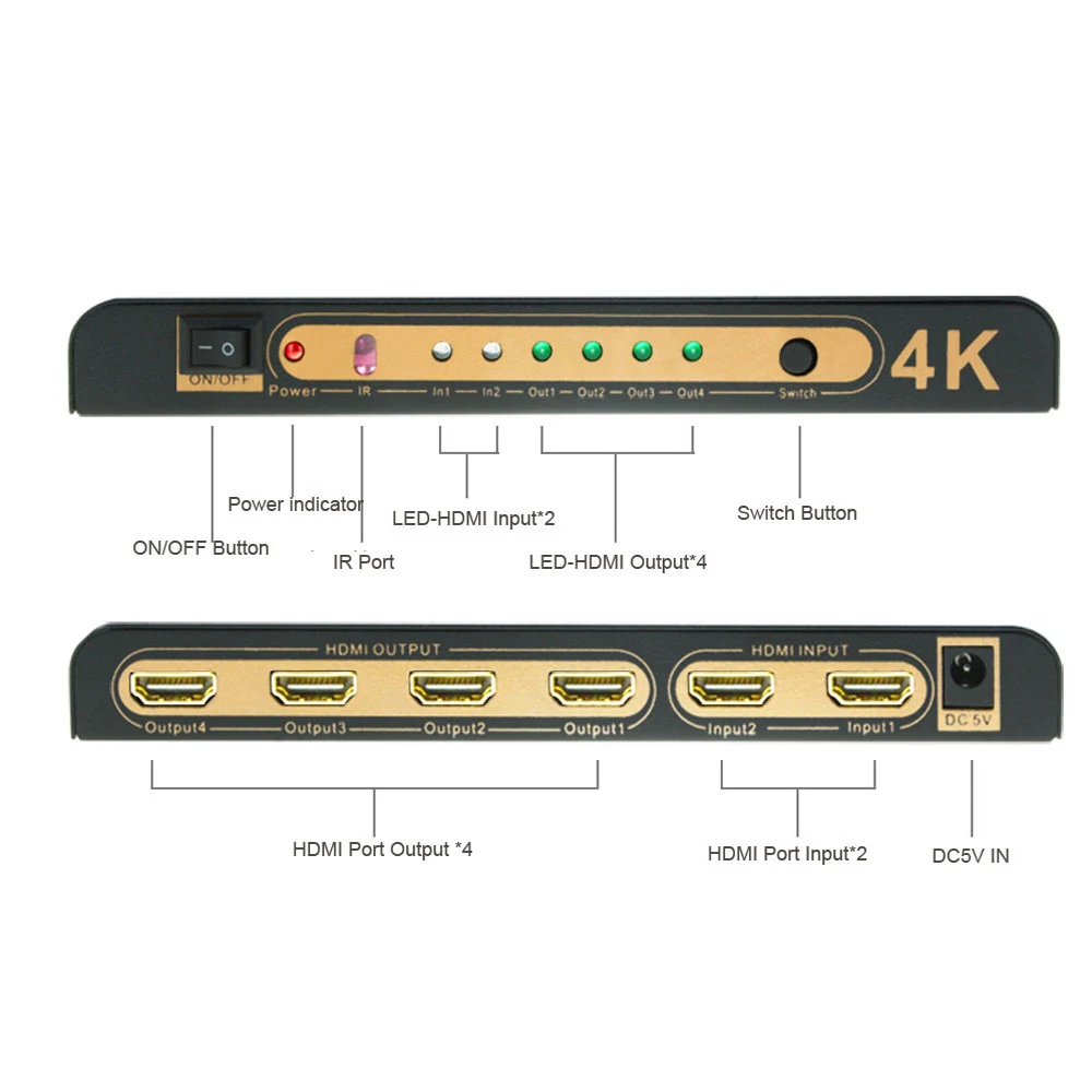 4K HDMI переключатель 2 в 4 из сплиттер 2x4 1 до hdmi x 2K 3D с дистанционным управлением
