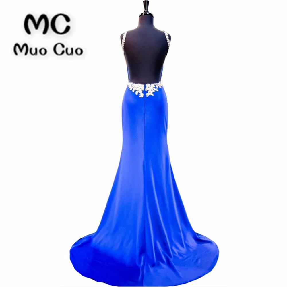 2018 Royer Blue Prom Dresses Long with Beaded Appliques Vestido Longo Backless Hard Satin Formal Evening Party Dress 100% Real | Свадьбы и