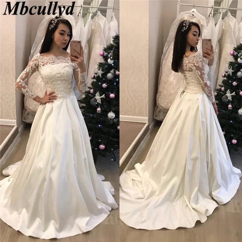 Свадебное платье Mbcullyd с длинными рукавами белое кружевное вырезом лодочкой в арабском стиле свадебное