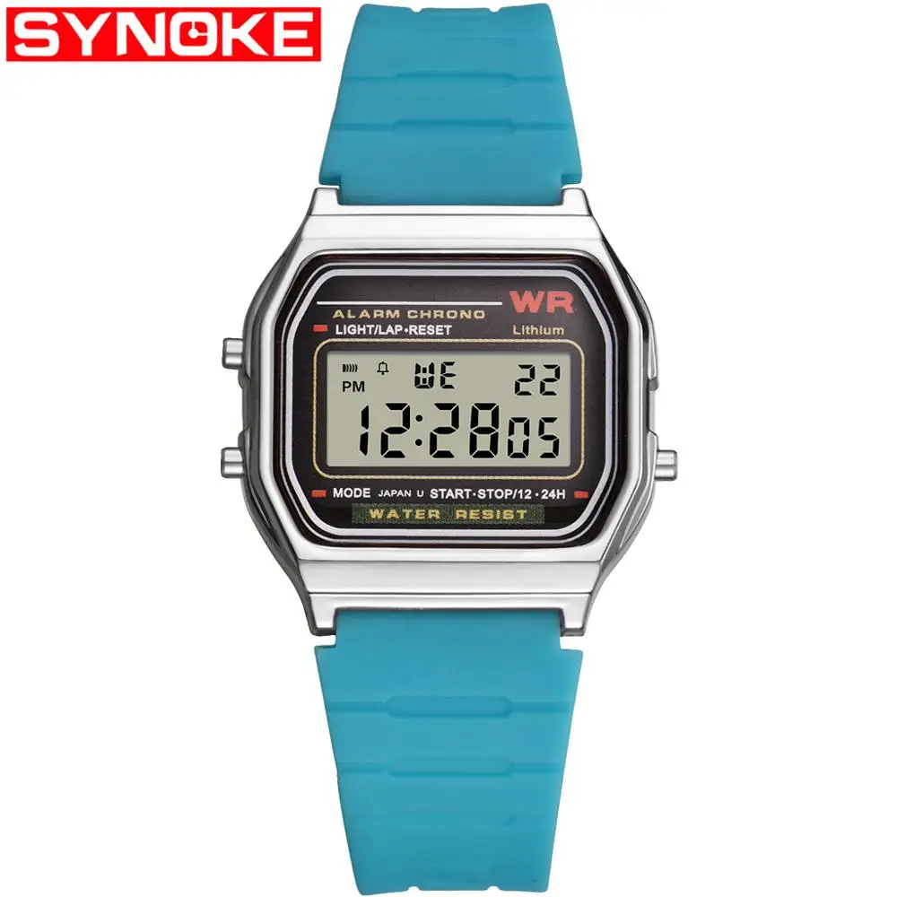 silver and blue SYNOKE мужской квадратный светодиодный цифровые часы пластиковые плавательные спортивные черные водонепроницаемые мужские часы дисплей наручные часы ударопрочный - Цвет: silver and blue