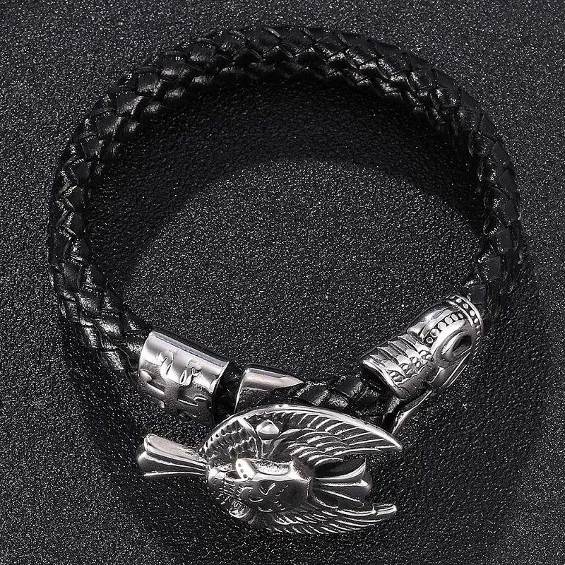 Punk Stainless Steel Skull Cross Buckle Men Black Double Layer Braided Leather Charm Bracelets Rock Male Wrist Band Gifts ST757 | Украшения